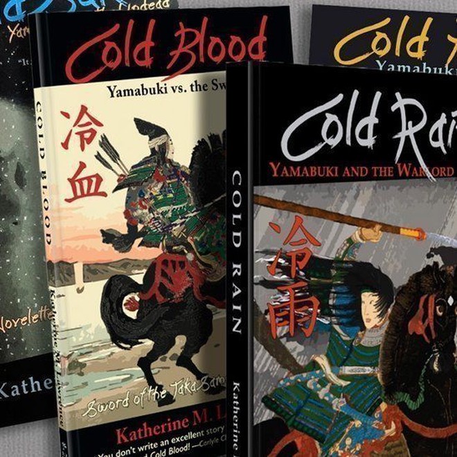 Book covers for Sword of the Taka Samurai series books written by Katherine M Lawrence, featuring Yamabuki