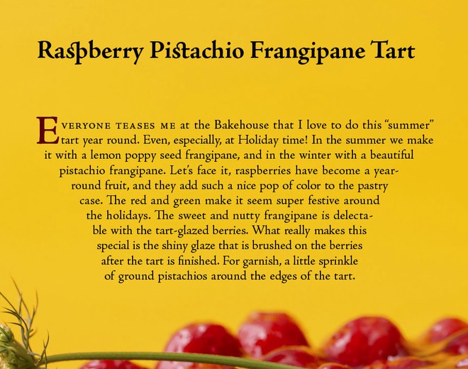 close-up on Raspberry Pistachio Frangipane Tart text with arced margins