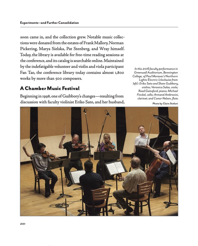 Single page with the main text in a wide column down from the top, and a color photo from margin to margin showing a septet playing strings, woodwinds, and piano.