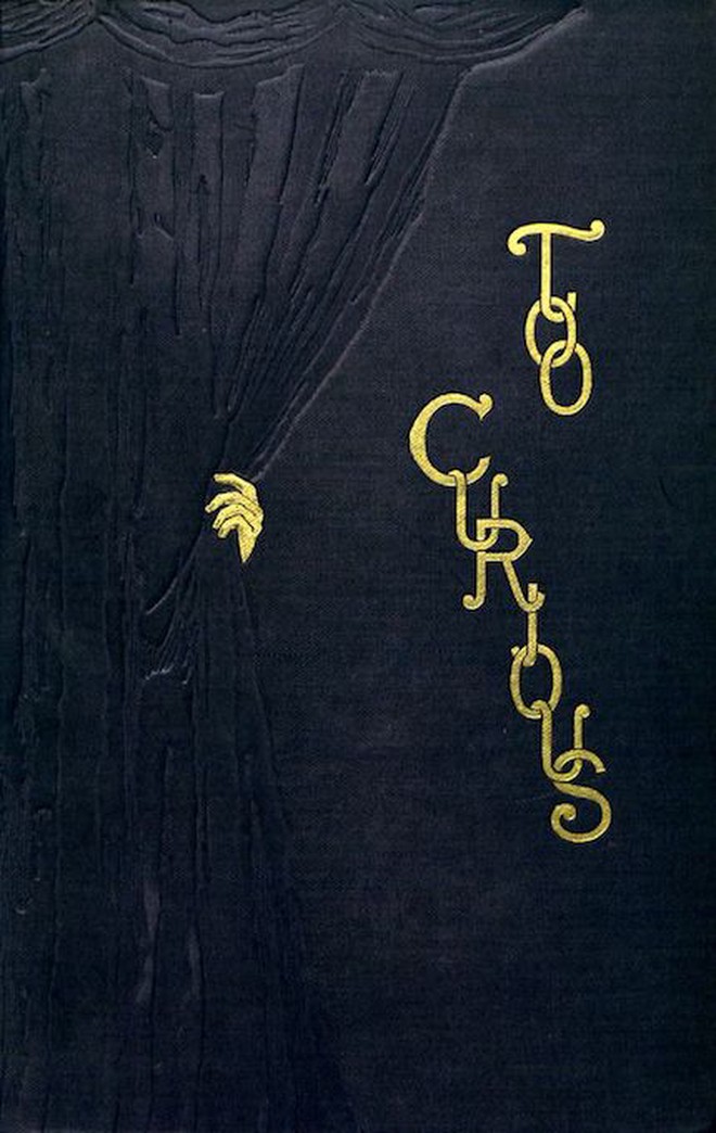 Black cover design with embossed black curtains and a yellow hand pulling them back, with the title Too Curious in decorative yellow lettering