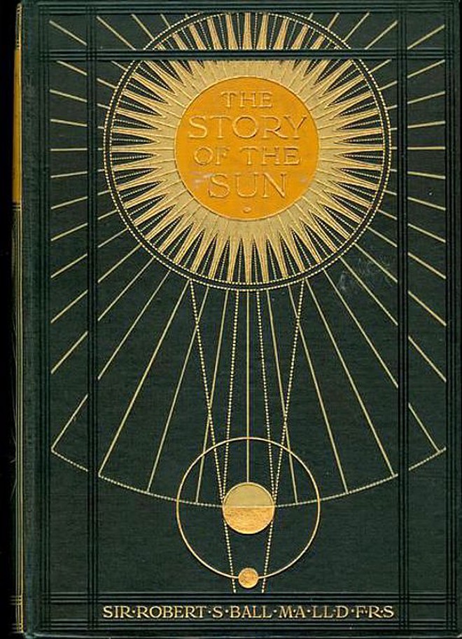 Diagrammatic cover design of gold Sun, the Earth, and the Moon against darkness