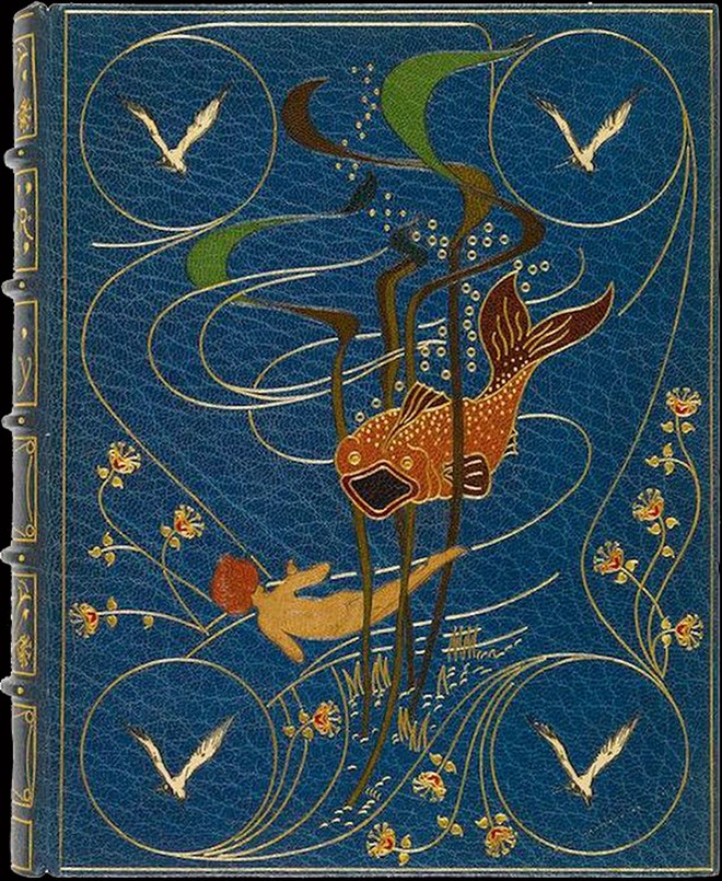 Leather cover embossed with color illustration of fish, seaweed and a child swimming in the sea, with seagulls in circles added decoratively