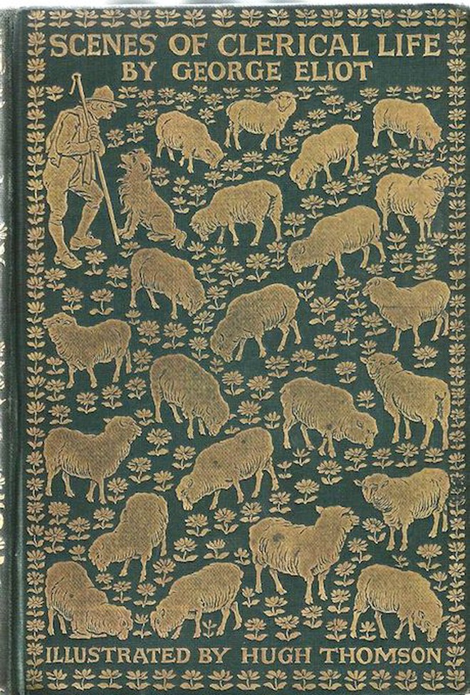 Cover design that&rsquo;s almost pattern-like, with about 15 white sheep grazing on white flowers, watched over by a shepherd. All white images against dark teal bg
