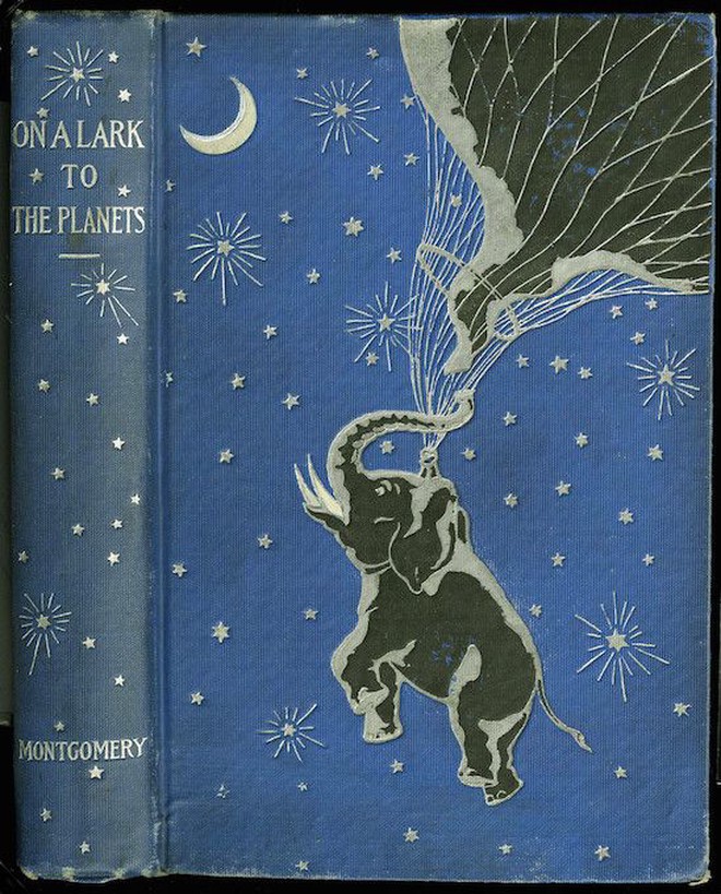 Cover design illustration of an elephant lifted by a giant balloon up among the stars and Moon