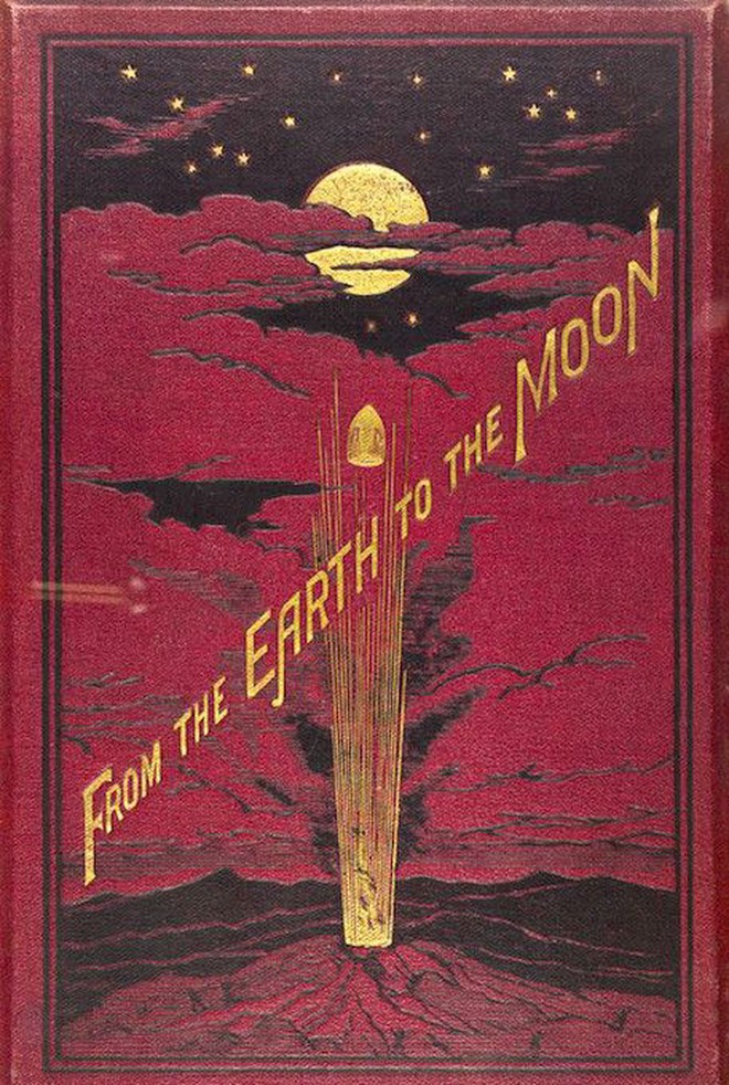 Red book cover design illustration of capsule-like rocket blasting out of a volcano up through the clouds towards the Moon