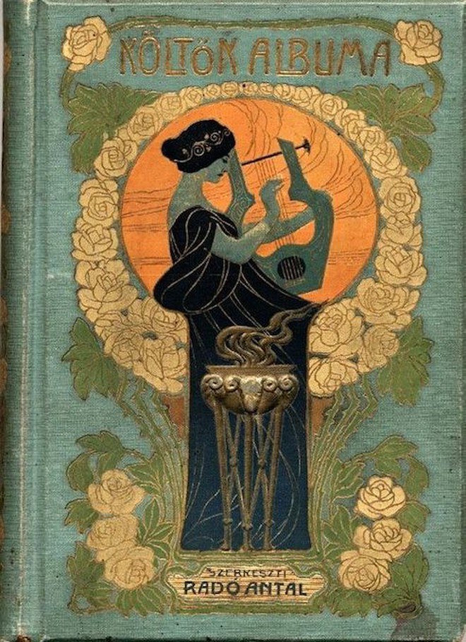 Lush cover design of woman in ancient robes and head wrap, playing lyre, set against plants with lush flowers, and a smoking tripod in the front