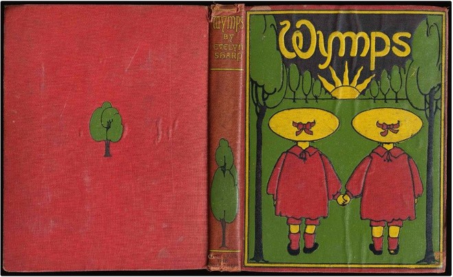 Embossed cover design illustration of two girls in large yellow hats and red coats facing a a sunrise or sunset over a green treelined field