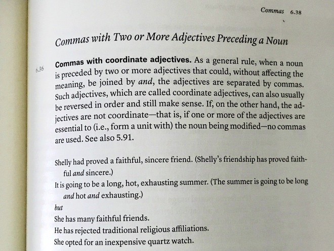 Excerpt from 6.36 Commas with coordinate adjectives, from The Chicago Manual of Style, 17th Edition