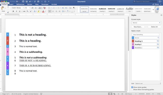 screenshot from Word 365 (for Mac) showing text formatted in various ways and a list of the styles that have been applied