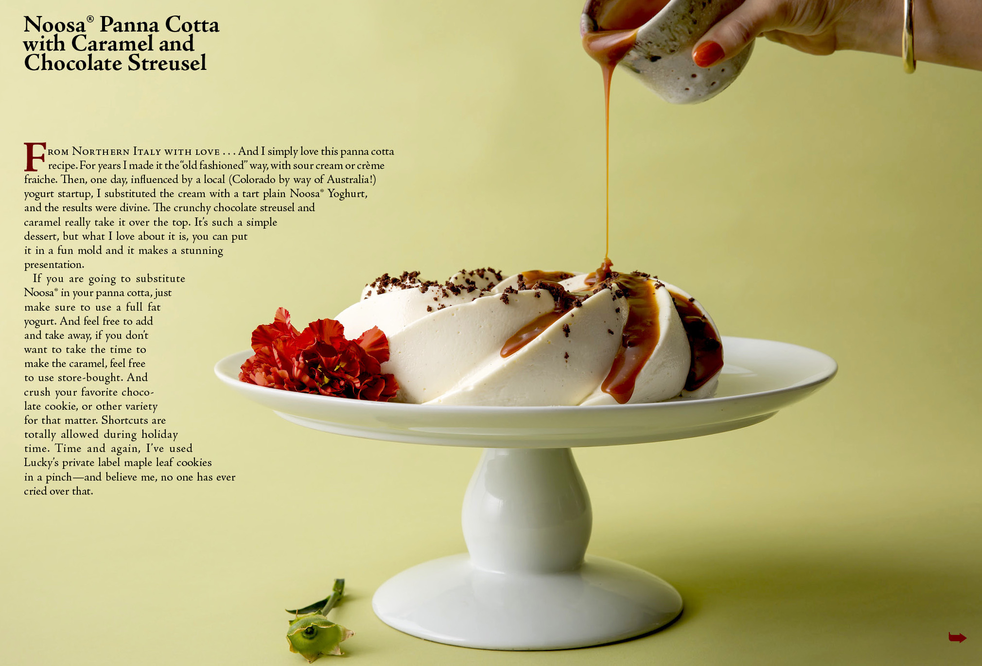 A woman’s hand pouring caramel onto a delicious sculpled white cream dessert, with text describing the dish