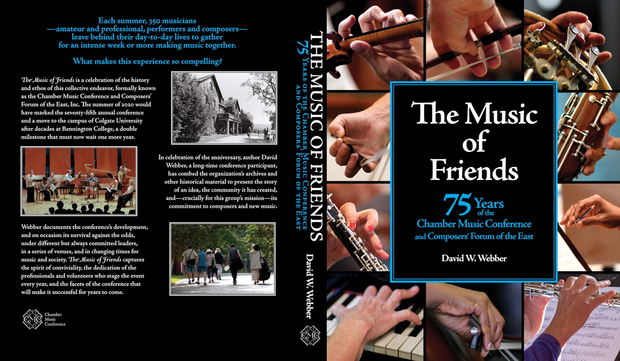Front cover featuring the title The Music of Friends, with 10 photos arranged around the perimeter, each photo a close-up on a hand holding a musical instrument