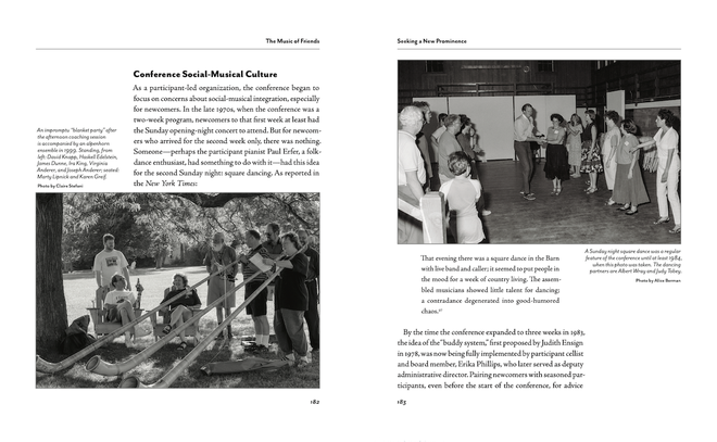 Spread with main text in wide columns towards the spine. On the left at the bottom of the page is a black-and-white photo from margin to margin of several people, three with alpenhorn. On the right, at the top is a black-and-white photo from margin to margin of a square dance, with several people watching a couple move between them.