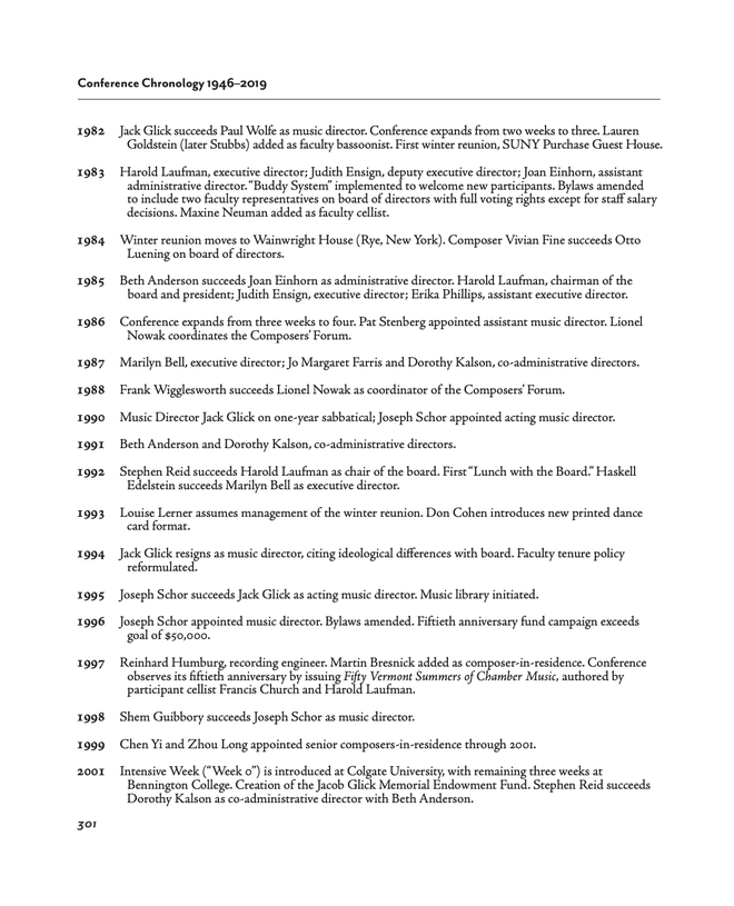 Page containing two-column chronology of events: the left column has years (1982–2001), the right column has a sentence or two of text for each year.