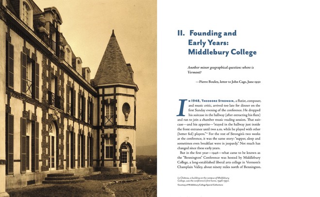 Spread featuring a sepia photo of Le Chateau, a building at Middlebury College. The chapter title, Founding and Early Years: Middlebury College, with an epigraph, and a half page of the main text.