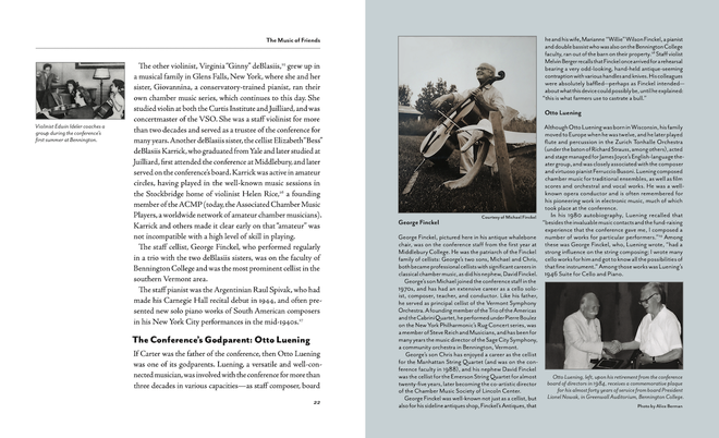 Spread with main text (black on white) on the left side, with a small black-and-white photo at the top of the left margin. Page on the right has a pale teal-blue background with two columns of smaller text, with two photographs of the people highlighted in the text.