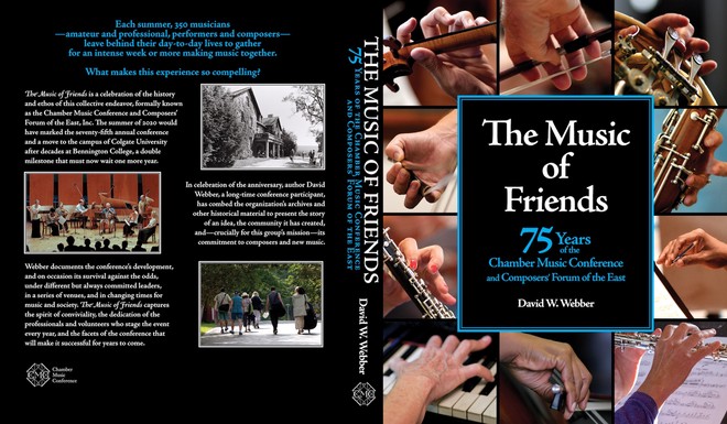 Splayed-out image of the full cover. On the back, three images arranged with text describing the book. Front cover featuring the title The Music of Friends, with 10 photos arranged around the perimeter, each photo a close-up on a hand holding a musical instrument.